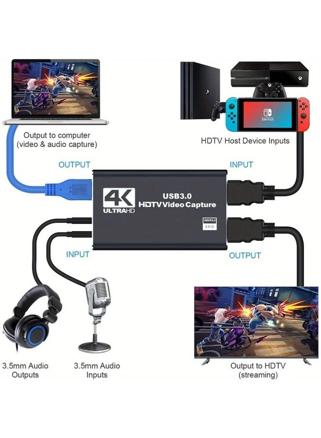 4K USB 3.0 كرت التقاط الفيديو مع كابل HDMI للبث المباشر والألعاب والبث 1080P HD إطار كامل إدخال الصوت أسود - Image 3